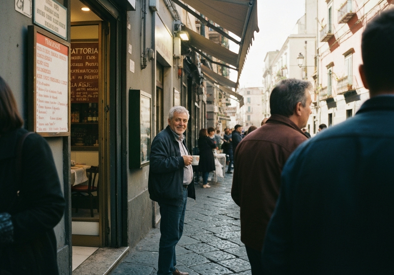 Casual street photography moment in Naples, Italy, capturing genuine local atmosphere