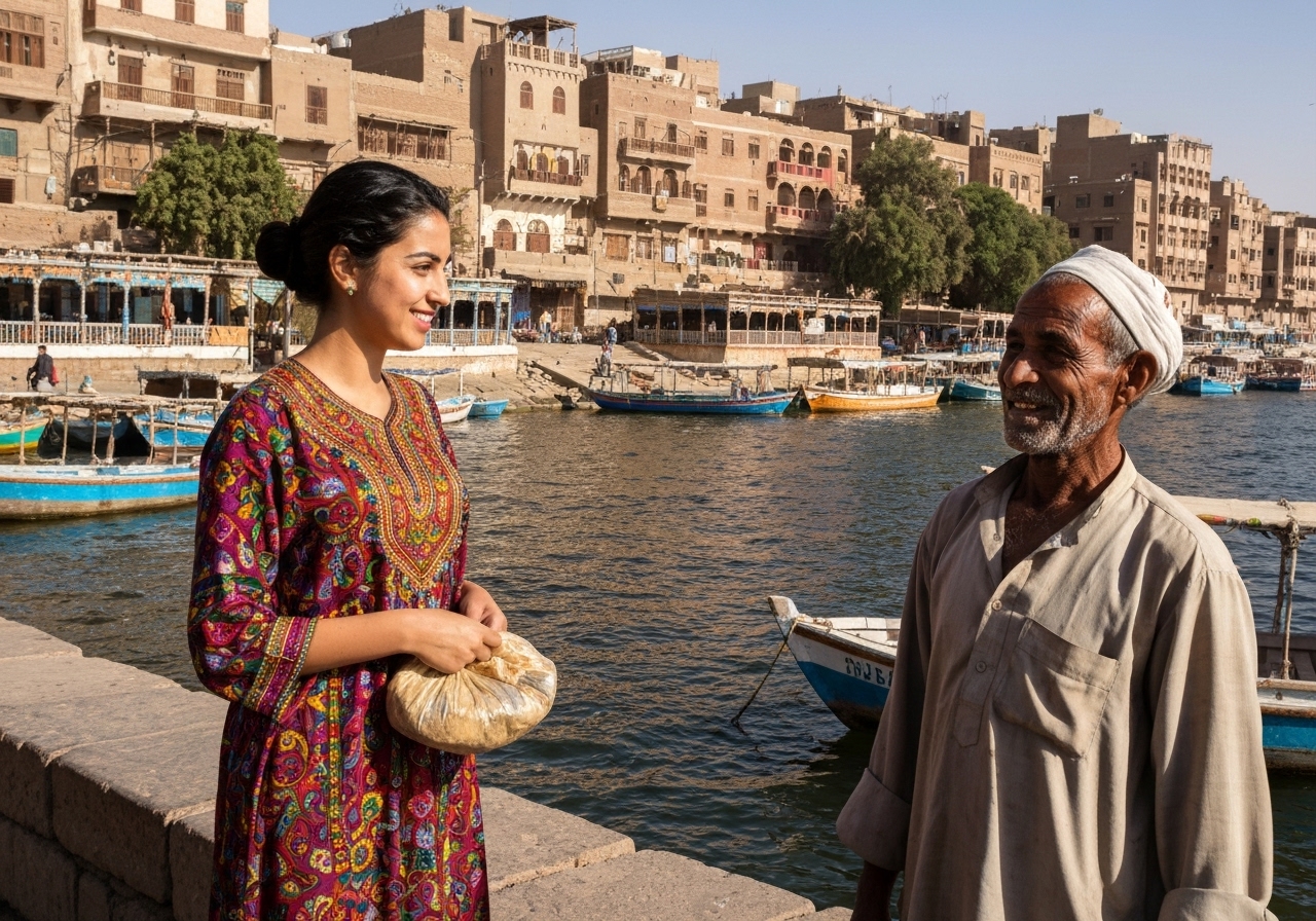 Casual street photography moment in Aswan, Egypt, capturing genuine local atmosphere
