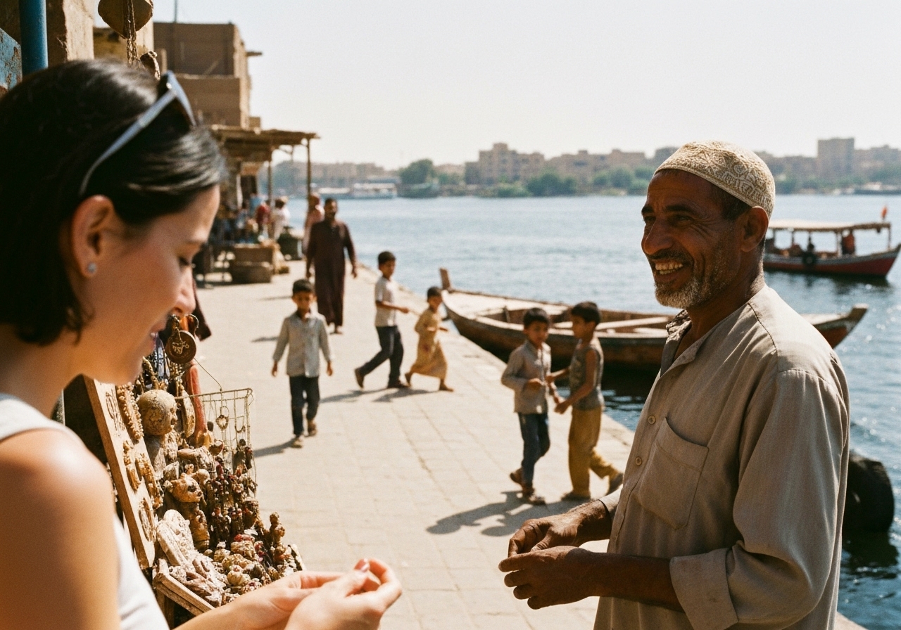 Casual street photography moment in Aswan, Egypt, capturing genuine local atmosphere