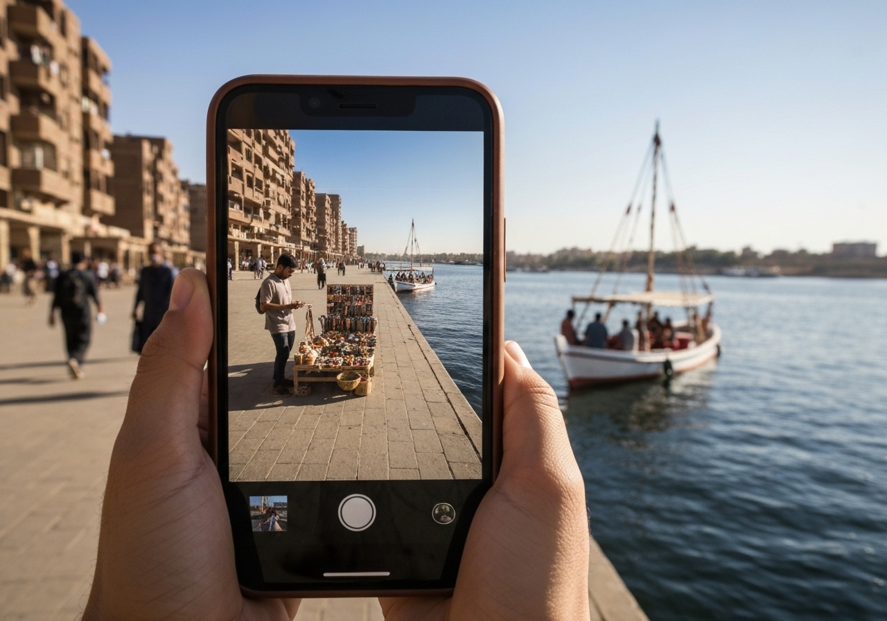 Natural travel moment in Aswan, Egypt, taken with smartphone, imperfect framing