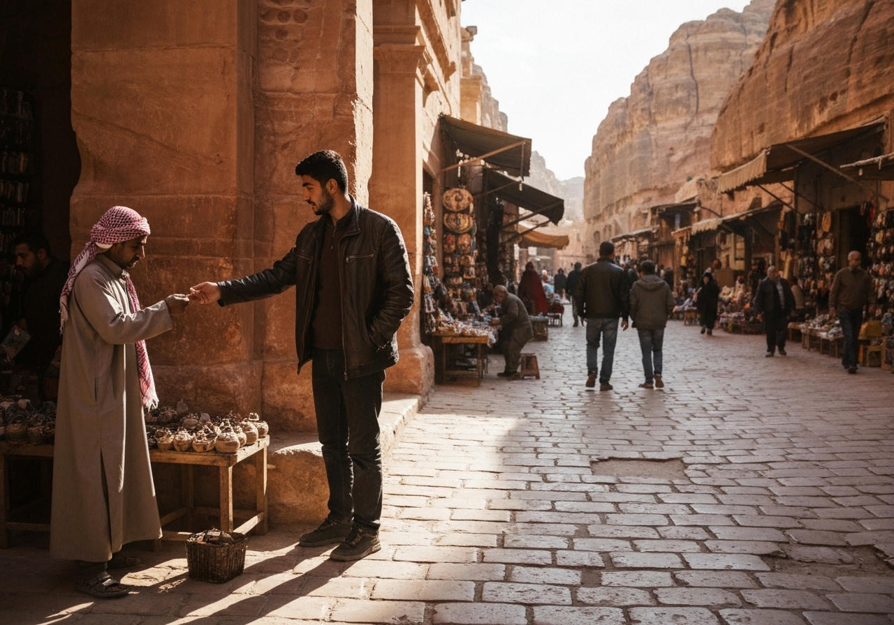 Casual street photography moment in Petra, Jordan, capturing genuine local atmosphere