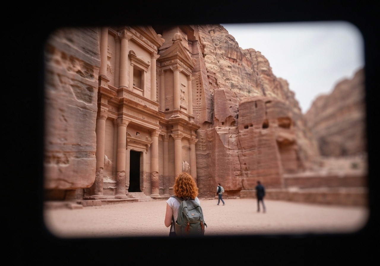 Natural travel moment in Petra, Jordan, taken with smartphone, imperfect framing