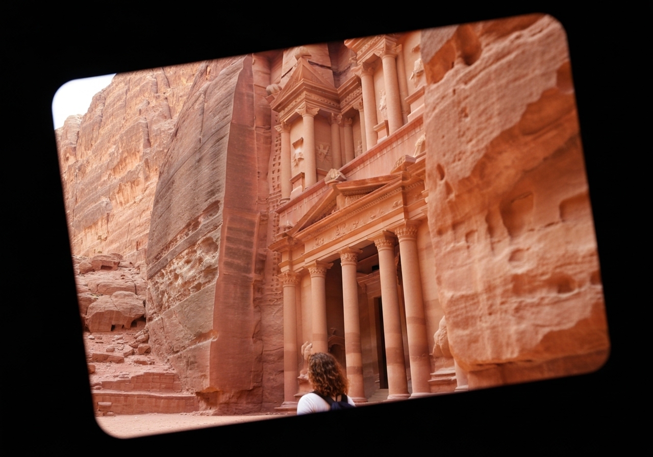 Natural travel moment in Petra, Jordan, taken with smartphone, imperfect framing