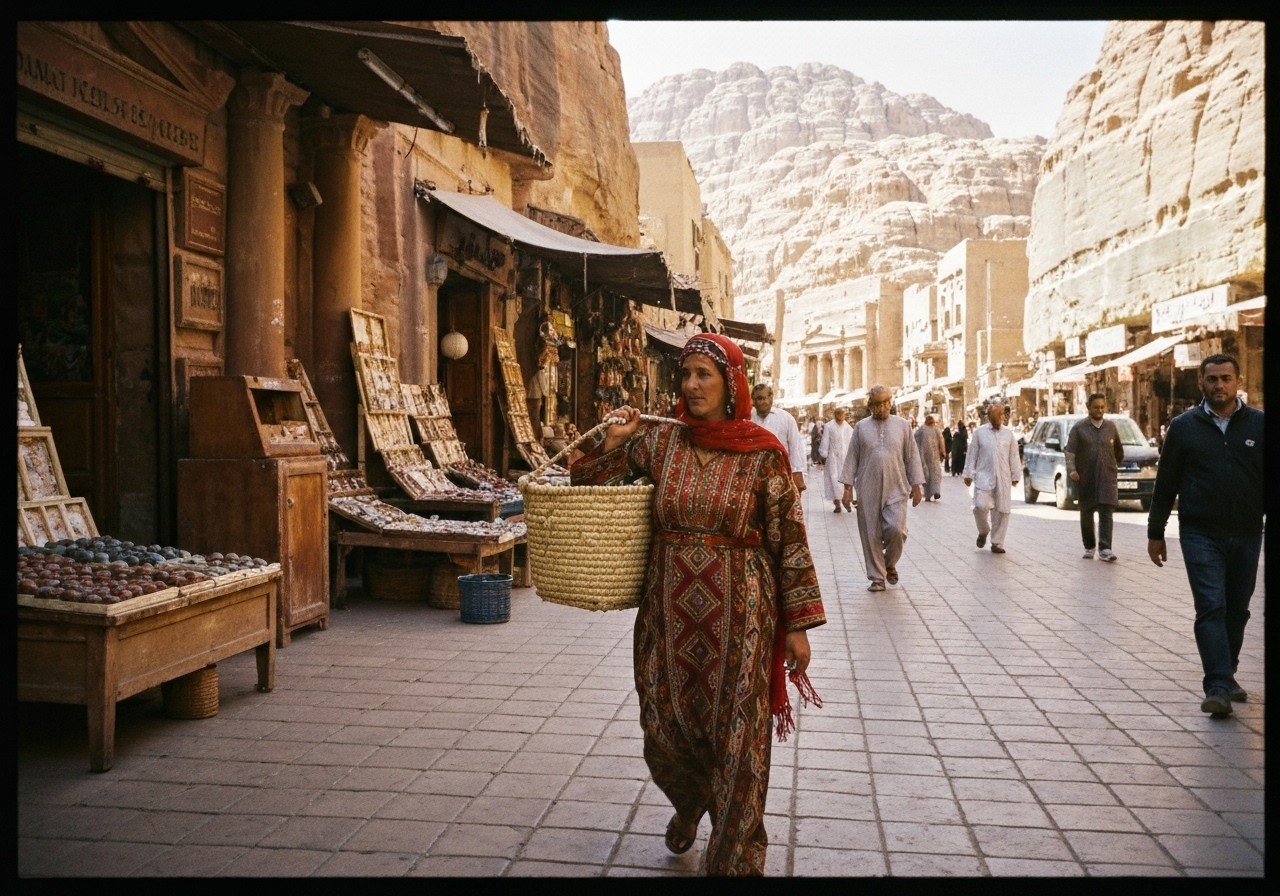 Casual street photography moment in Petra, Jordan, capturing genuine local atmosphere