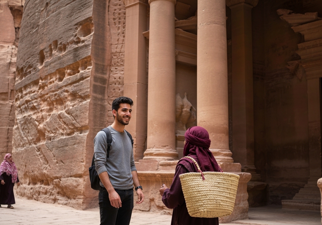 Casual street photography moment in Petra, Jordan, capturing genuine local atmosphere