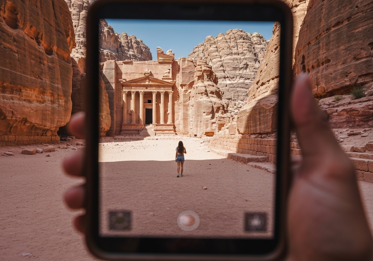 Natural travel moment in Petra, Jordan, taken with smartphone, imperfect framing