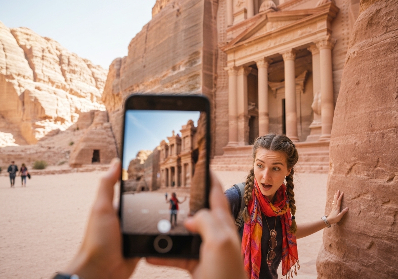 Natural travel moment in Petra, Jordan, taken with smartphone, imperfect framing
