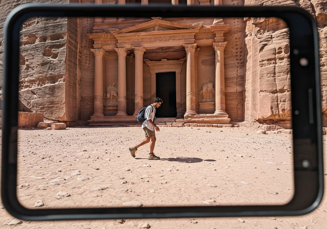 Natural travel moment in Petra, Jordan, taken with smartphone, imperfect framing