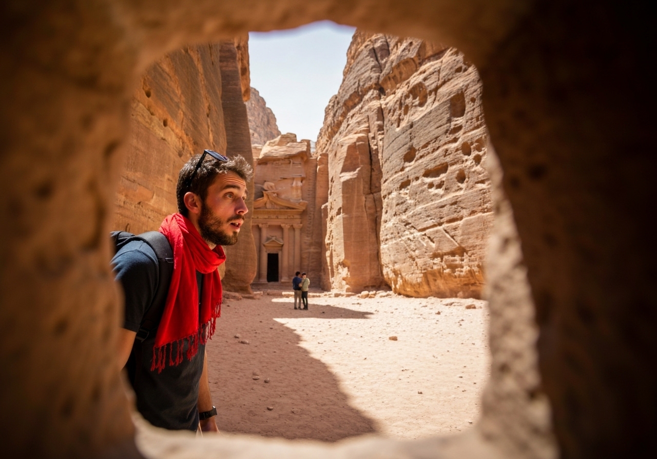 Natural travel moment in Petra, Jordan, taken with smartphone, imperfect framing