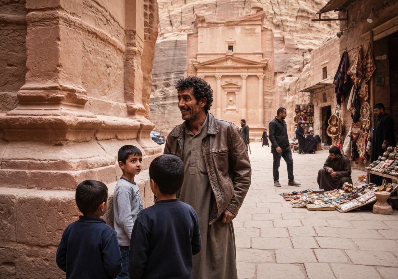 Casual street photography moment in Petra, Jordan, capturing genuine local atmosphere