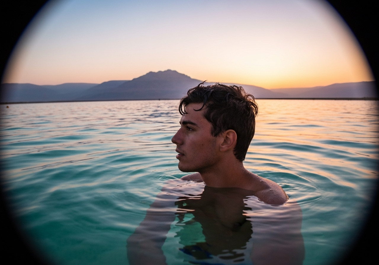 Natural travel moment in Dead Sea, Jordan, taken with smartphone, imperfect framing