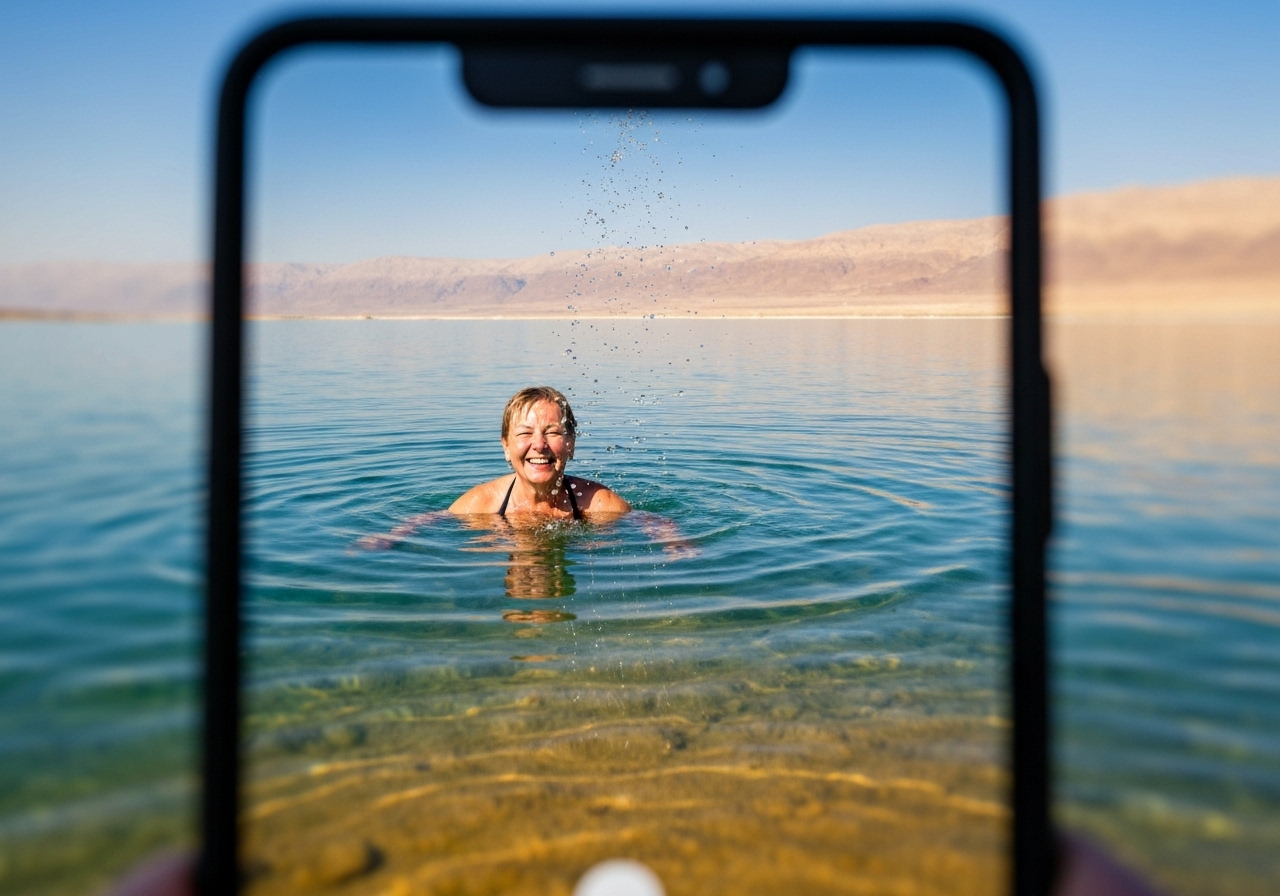 Natural travel moment in Dead Sea, Jordan, taken with smartphone, imperfect framing
