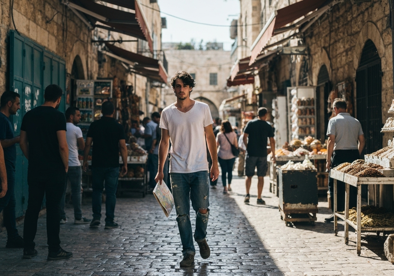 Casual street photography moment in Jerusalem, Israel, capturing genuine local atmosphere