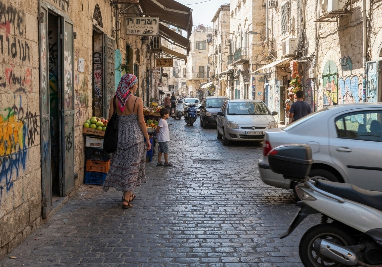 Casual street photography moment in Jerusalem, Israel, capturing genuine local atmosphere