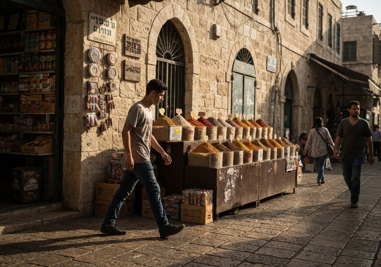 Casual street photography moment in Jerusalem, Israel, capturing genuine local atmosphere
