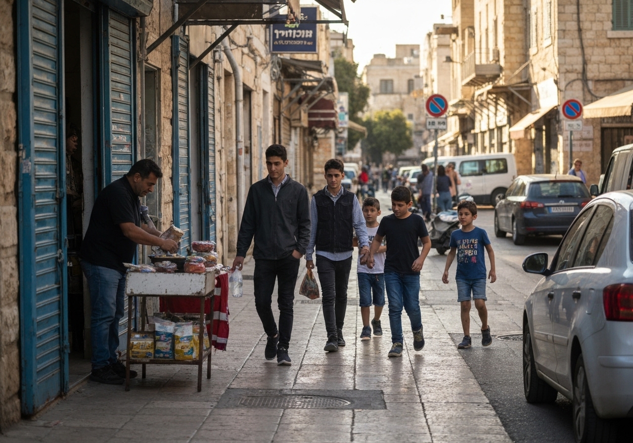 Casual street photography moment in Jerusalem, Israel, capturing genuine local atmosphere