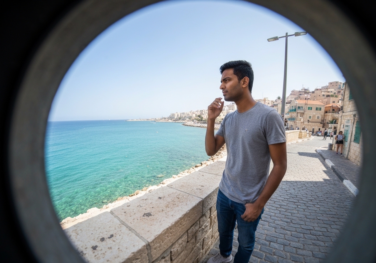 Natural travel moment in Haifa, Israel, taken with smartphone, imperfect framing