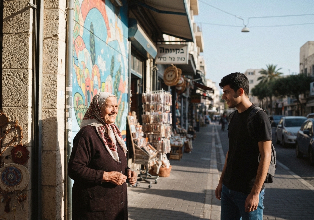 Casual street photography moment in Haifa, Israel, capturing genuine local atmosphere