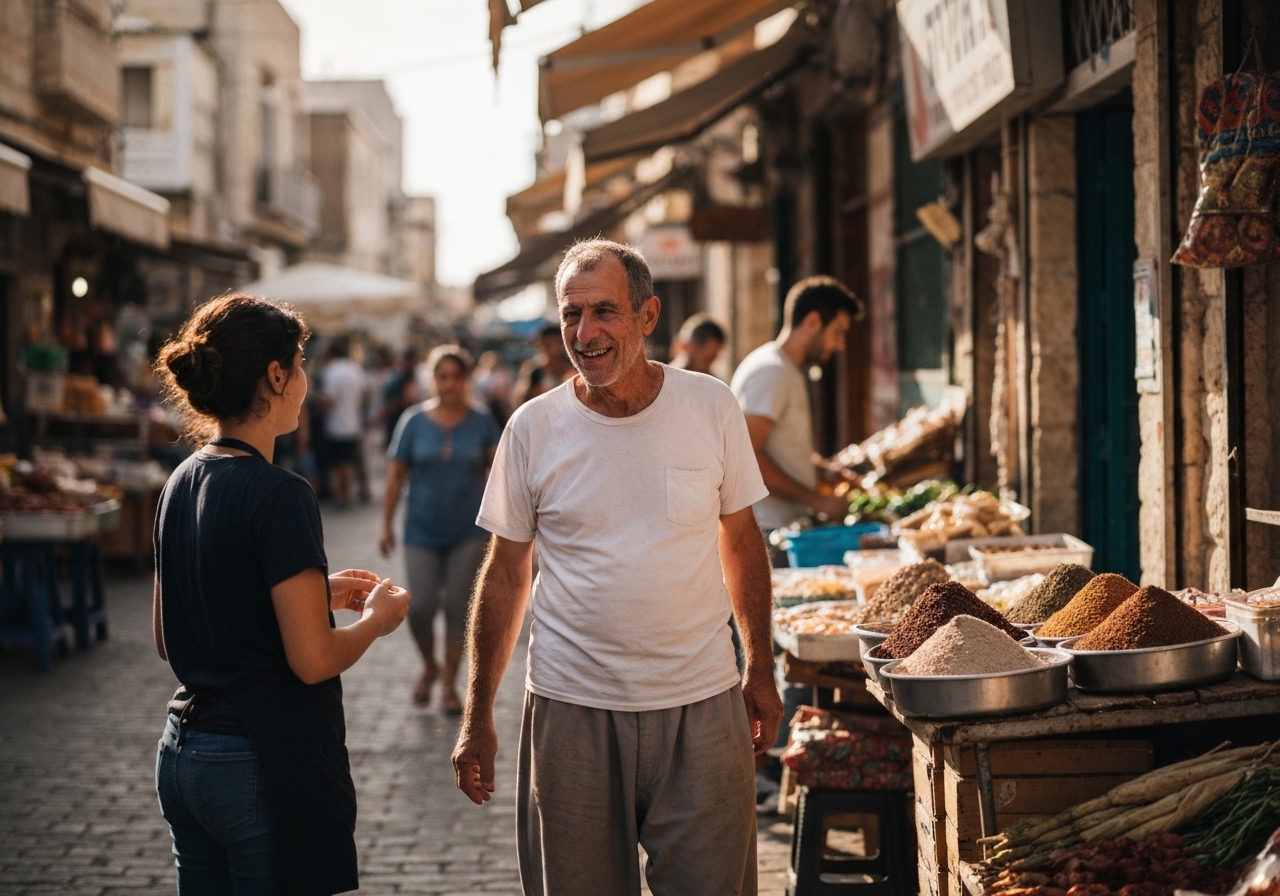 Casual street photography moment in Tiberias, Israel, capturing genuine local atmosphere