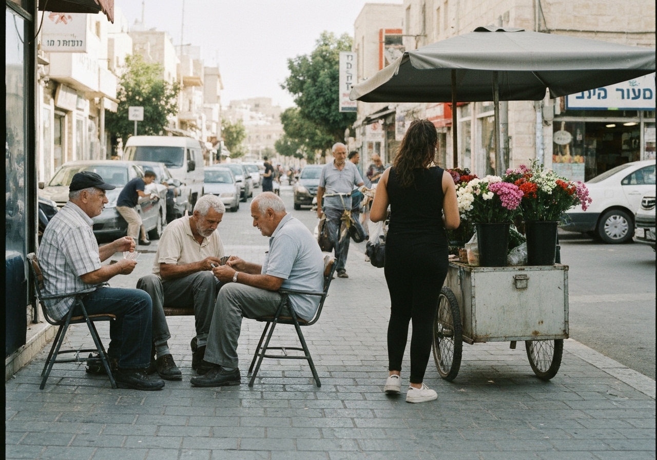 Casual street photography moment in Tiberias, Israel, capturing genuine local atmosphere