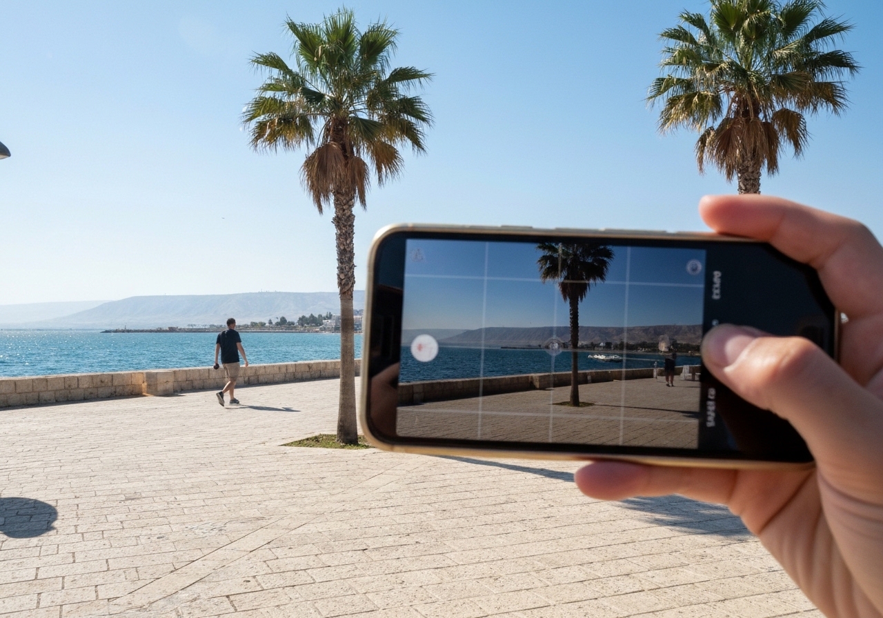 Natural travel moment in Tiberias, Israel, taken with smartphone, imperfect framing