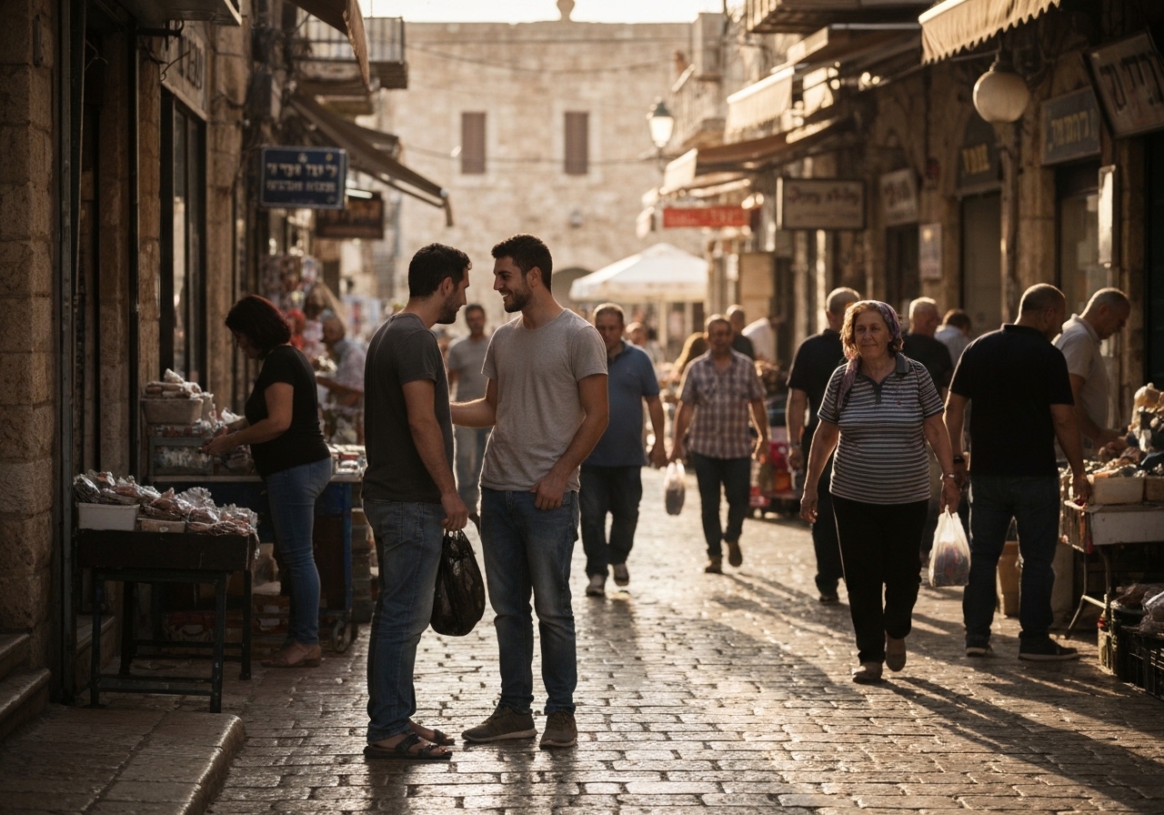 Casual street photography moment in Jerusalem, Israel, capturing genuine local atmosphere