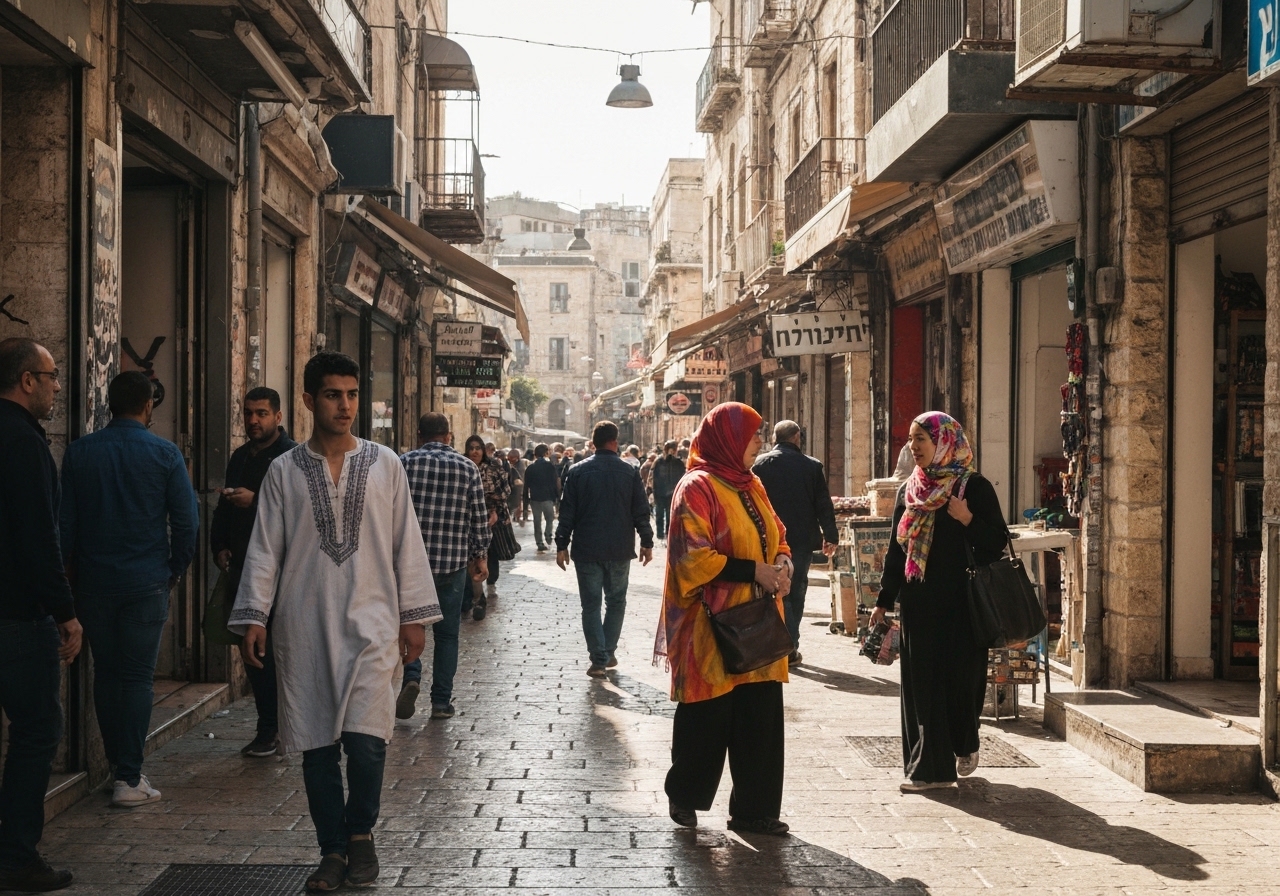 Casual street photography moment in Jerusalem, Israel, capturing genuine local atmosphere