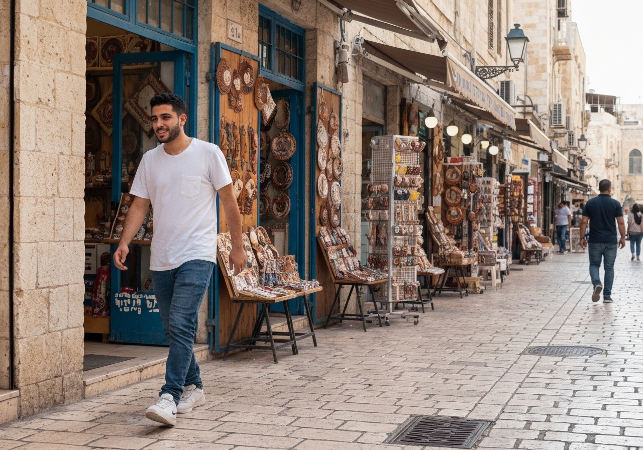 Casual street photography moment in Jerusalem, Israel, capturing genuine local atmosphere