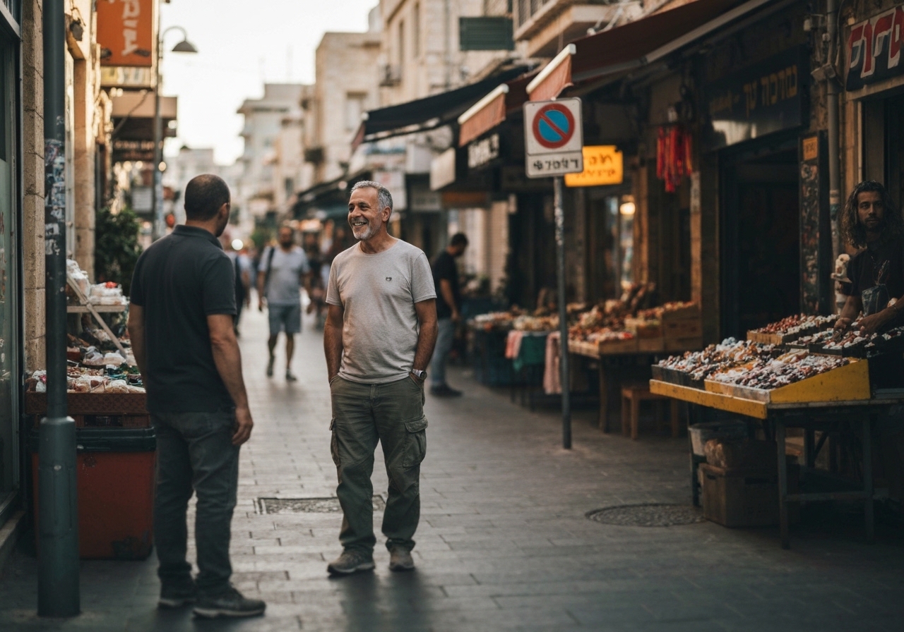 Casual street photography moment in Tel Aviv, Israel, capturing genuine local atmosphere