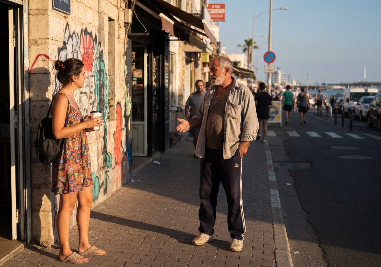 Casual street photography moment in Tel Aviv, Israel, capturing genuine local atmosphere