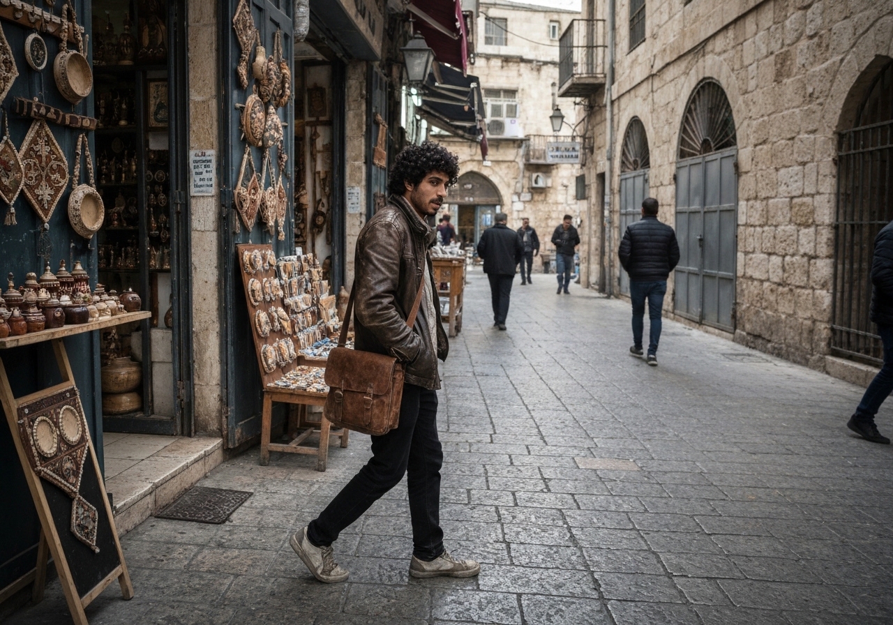 Casual street photography moment in Jerusalem, Israel, capturing genuine local atmosphere