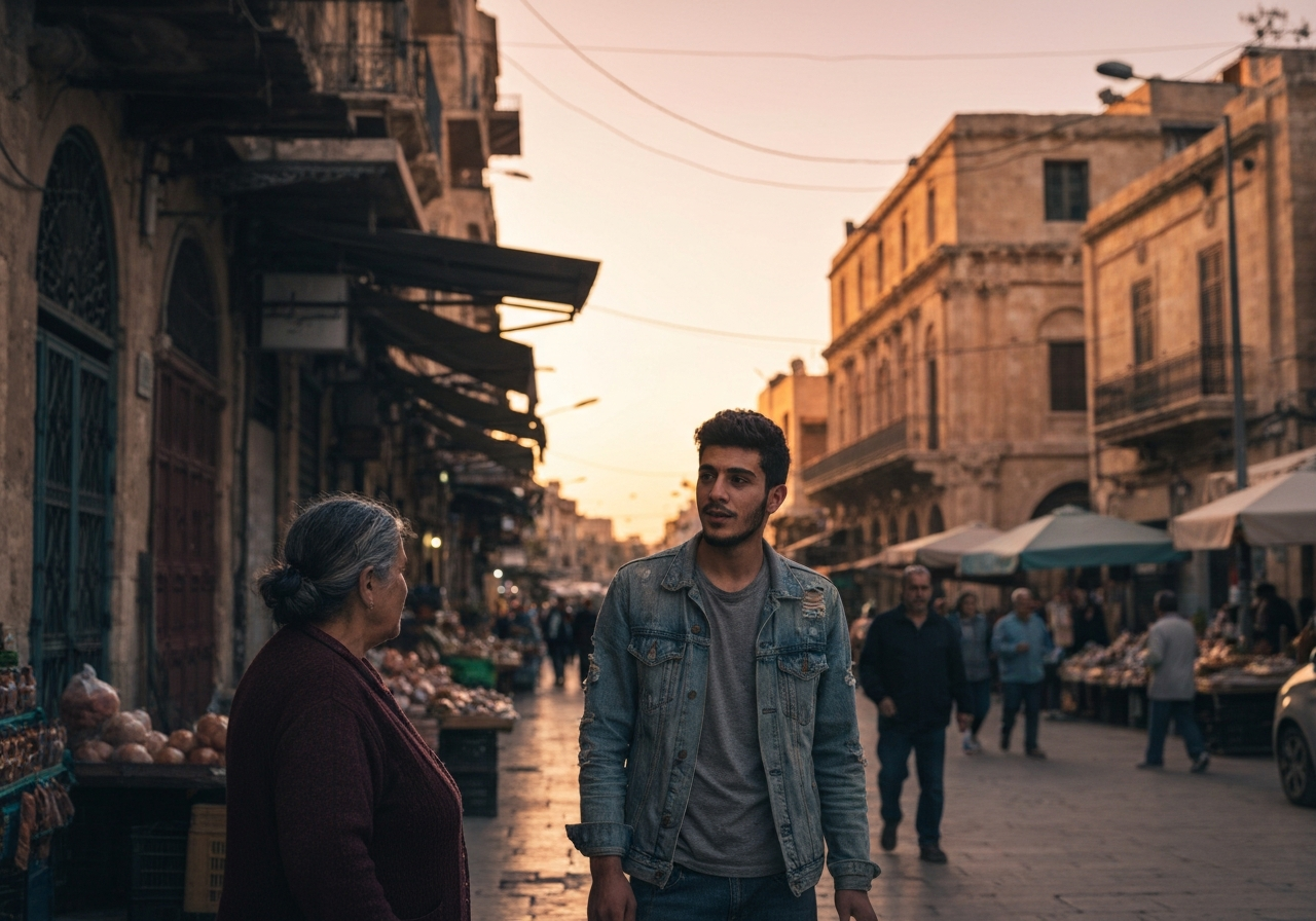 Casual street photography moment in Baalbek, Lebanon, capturing genuine local atmosphere