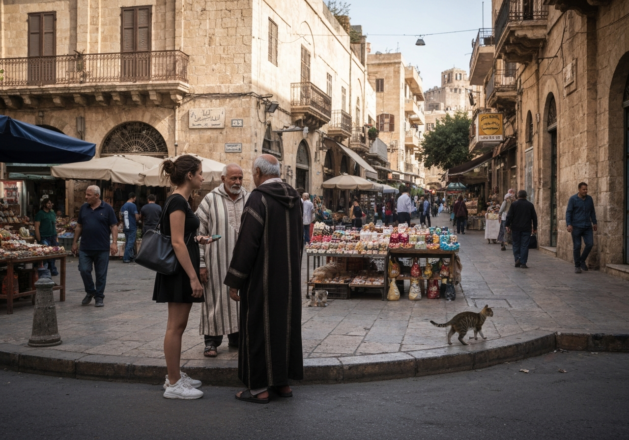 Casual street photography moment in Baalbek, Lebanon, capturing genuine local atmosphere