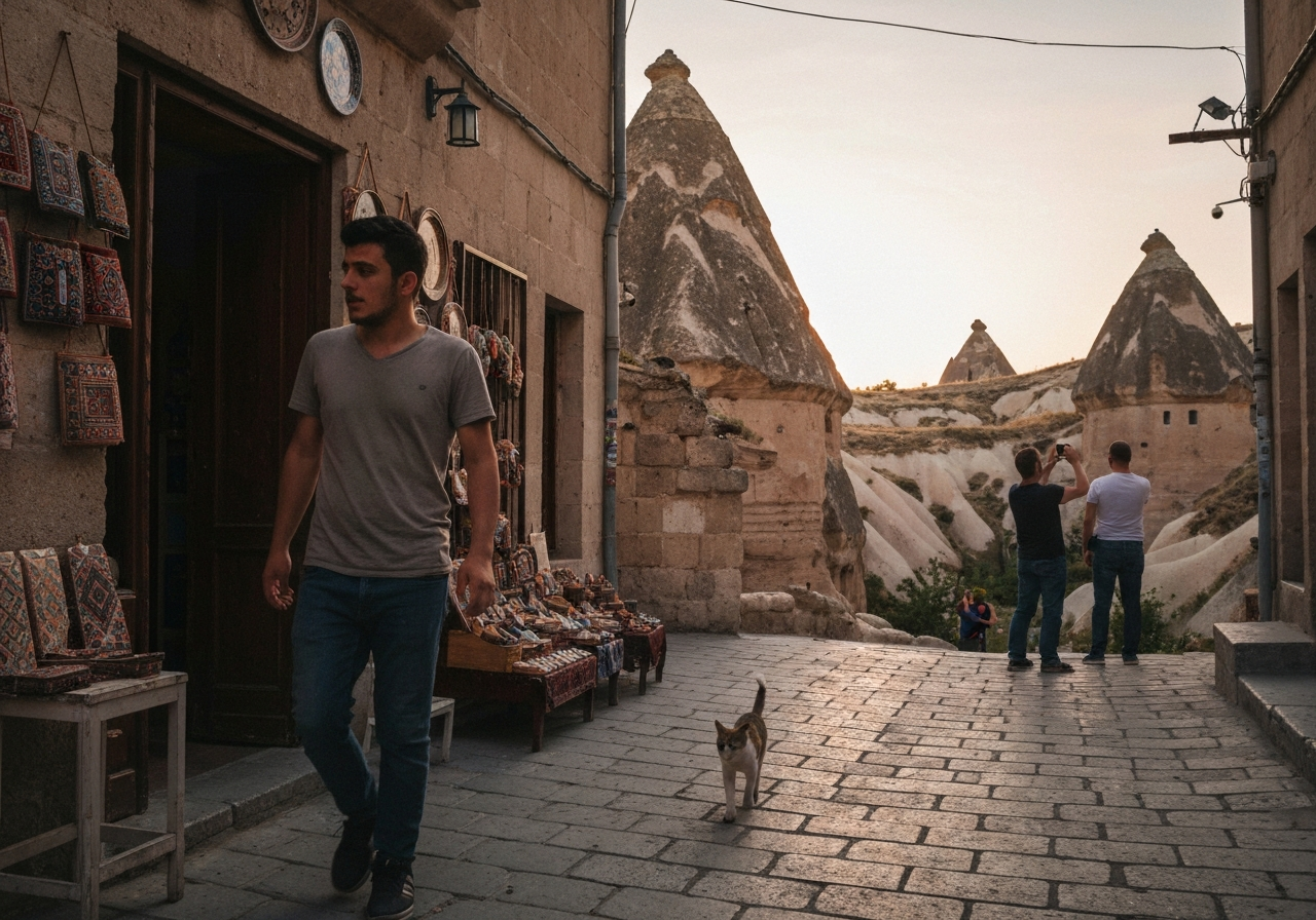 Casual street photography moment in Cappadocia, Turkey, capturing genuine local atmosphere