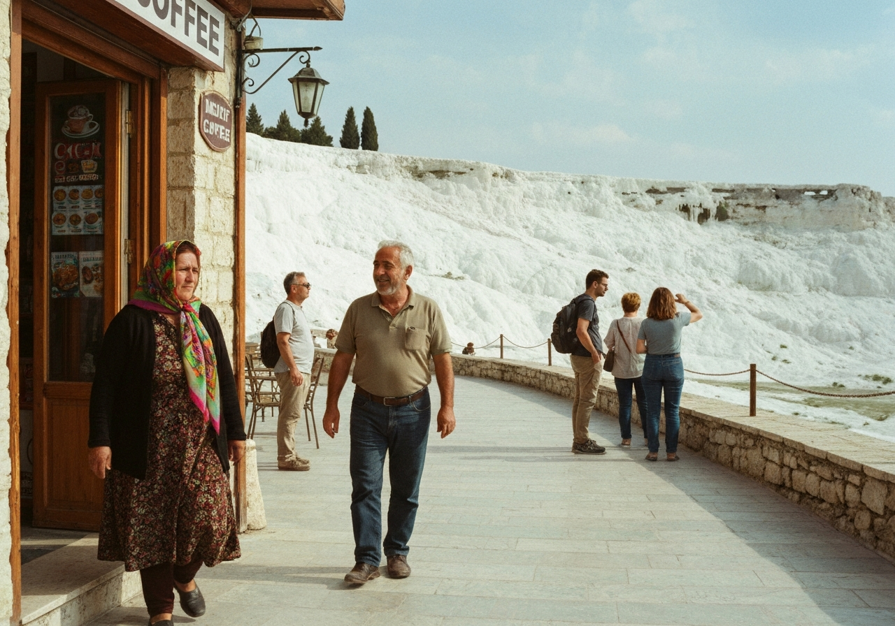 Casual street photography moment in Pamukkale, Turkey, capturing genuine local atmosphere