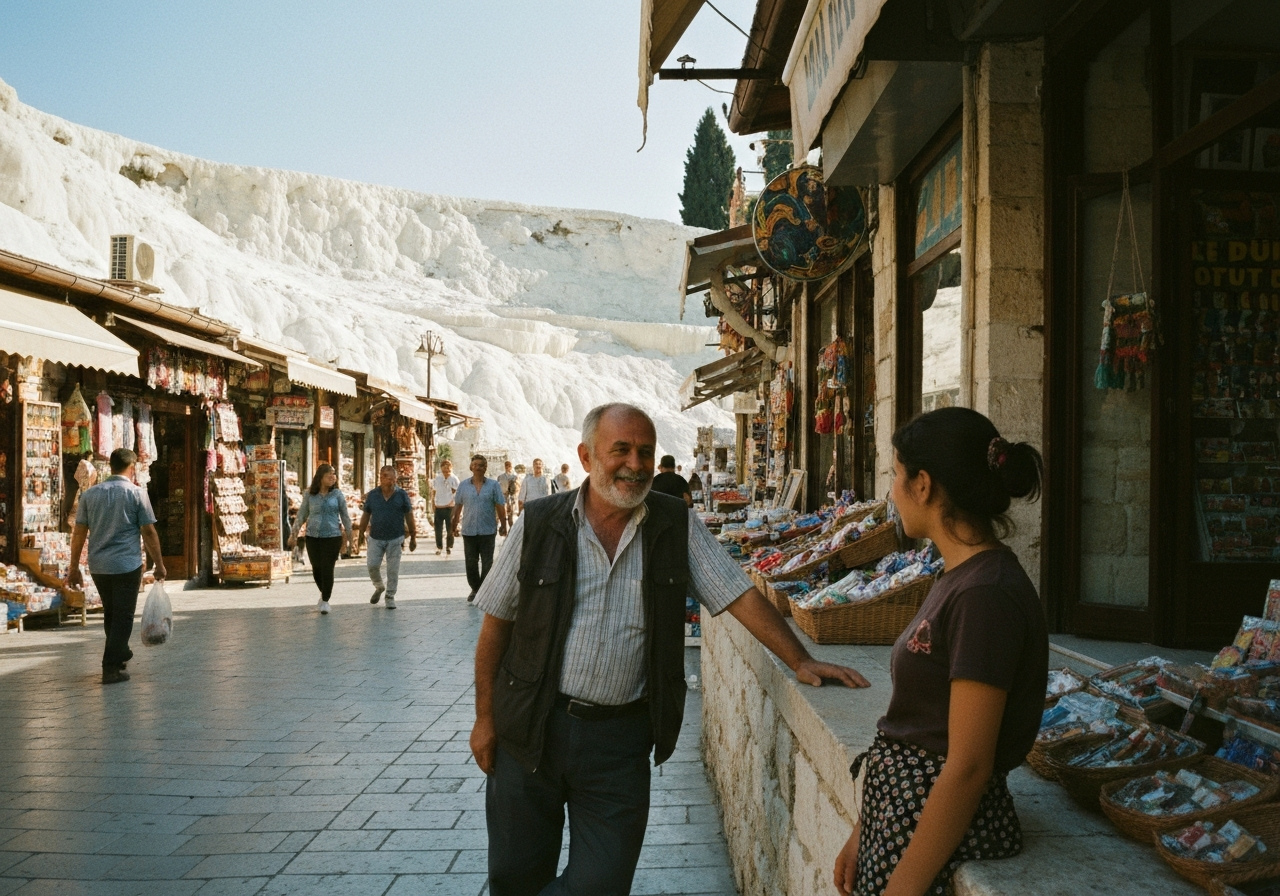 Casual street photography moment in Pamukkale, Turkey, capturing genuine local atmosphere