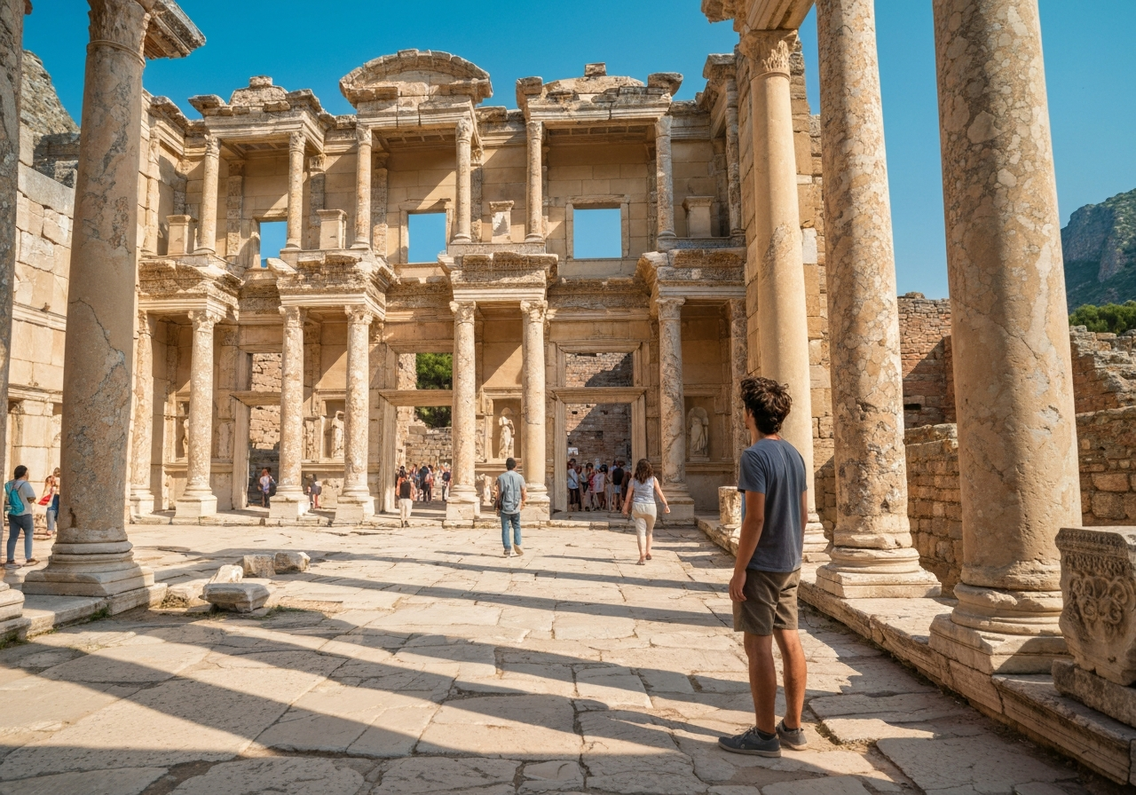 Natural travel moment in Ephesus, Turkey, taken with smartphone, imperfect framing