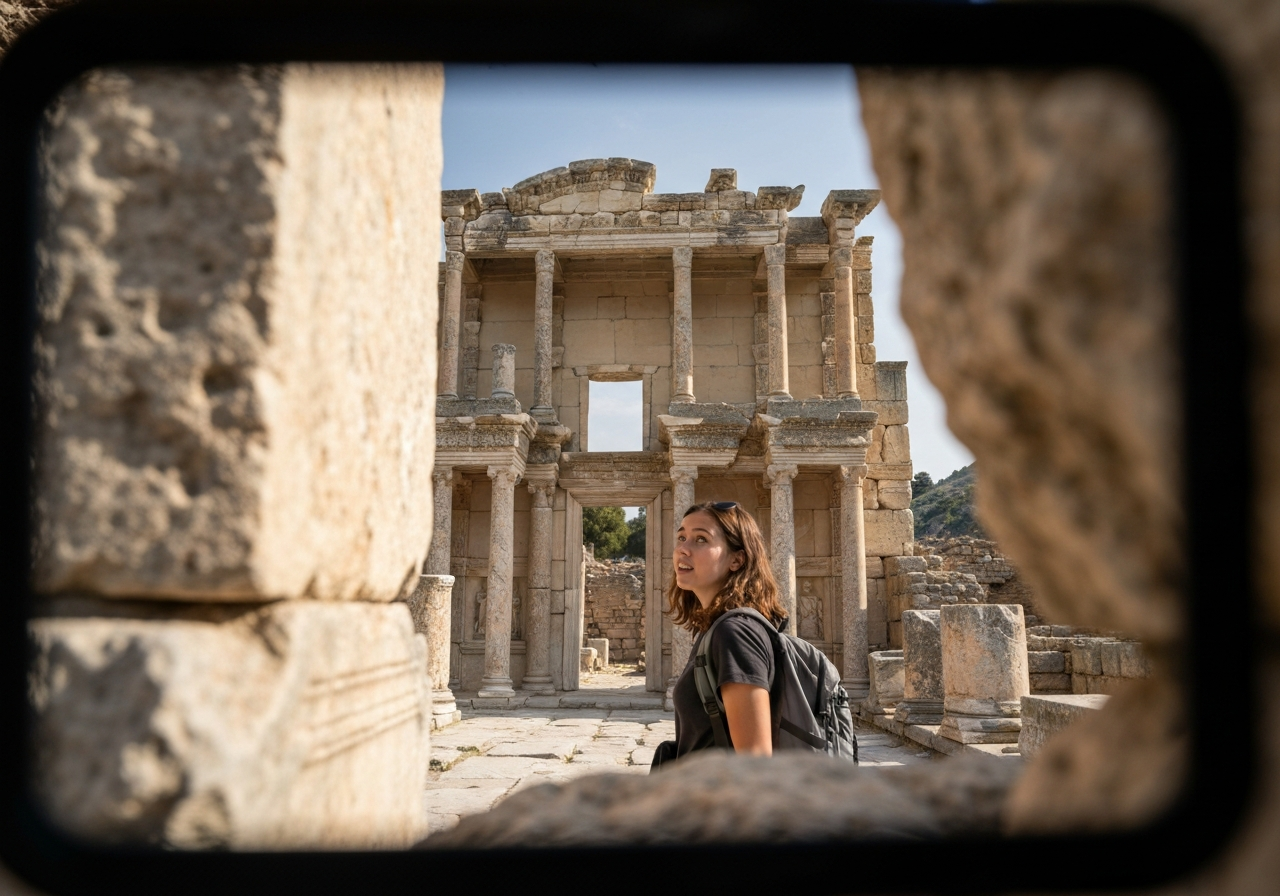 Natural travel moment in Ephesus, Turkey, taken with smartphone, imperfect framing