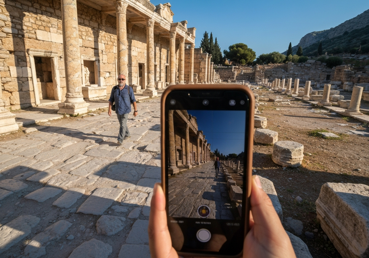 Natural travel moment in Ephesus, Turkey, taken with smartphone, imperfect framing