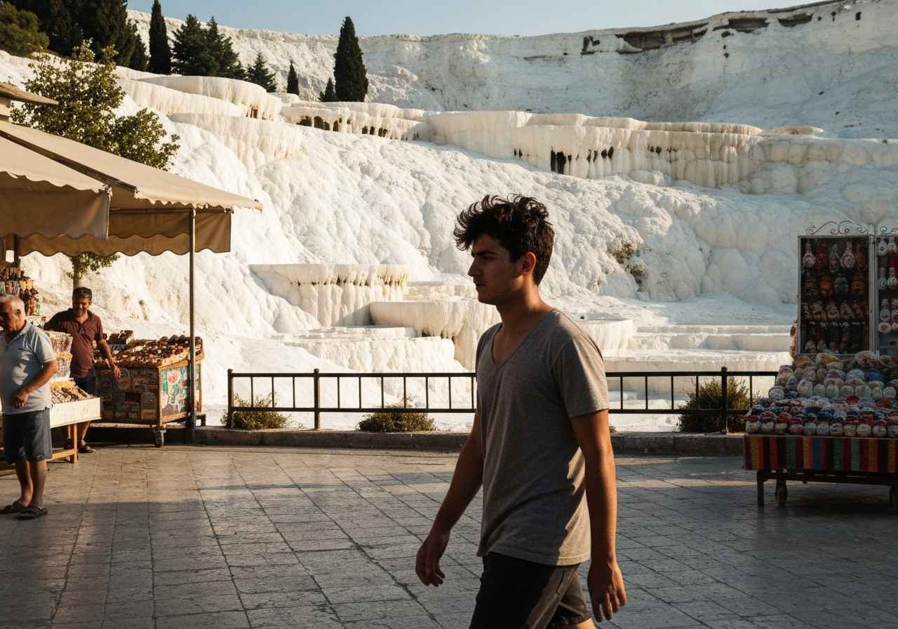 Casual street photography moment in Pamukkale, Turkey, capturing genuine local atmosphere