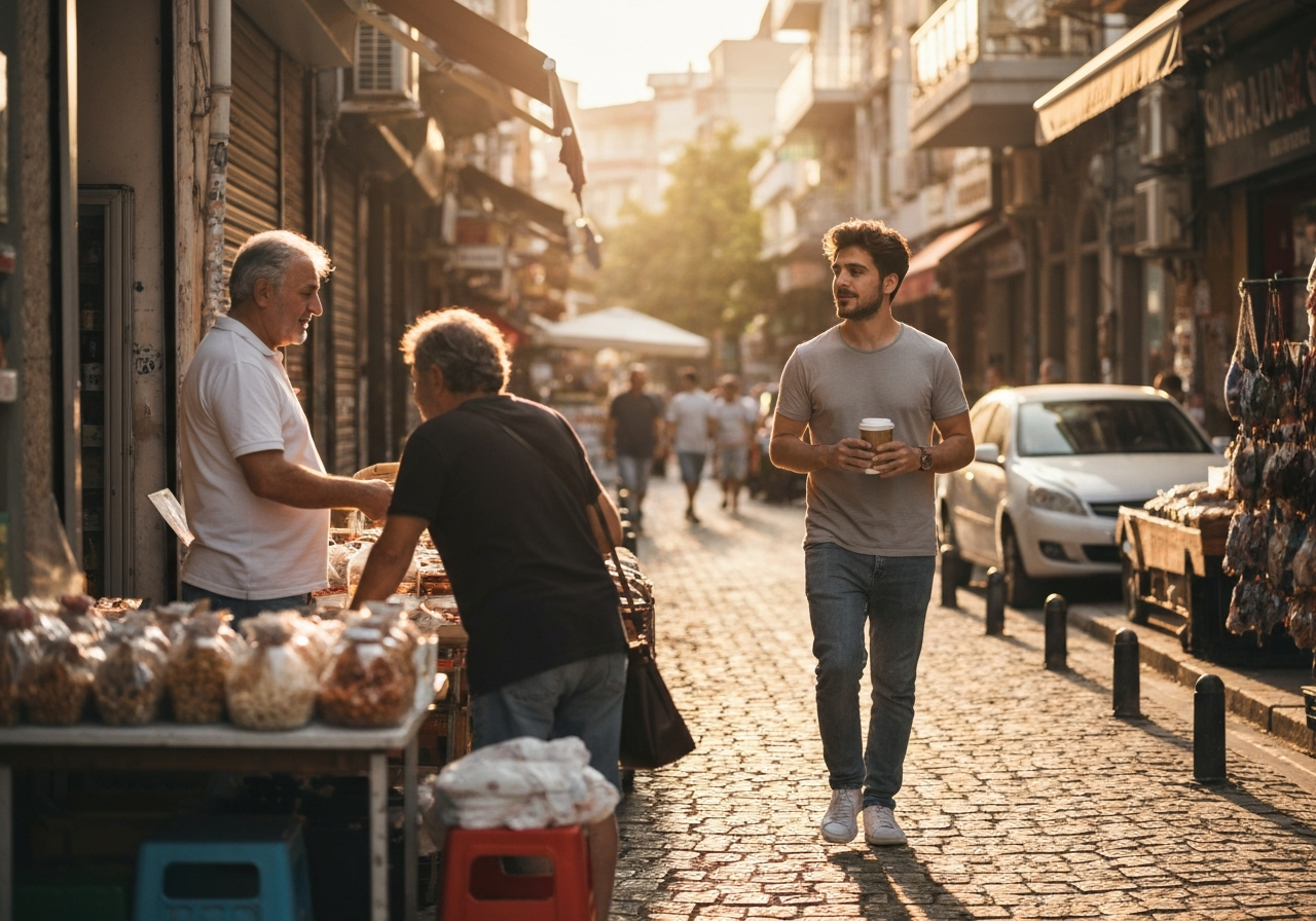 Casual street photography moment in Antalya, Turkey, capturing genuine local atmosphere
