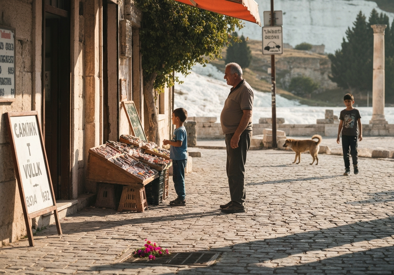 Casual street photography moment in Pamukkale, Turkey, capturing genuine local atmosphere