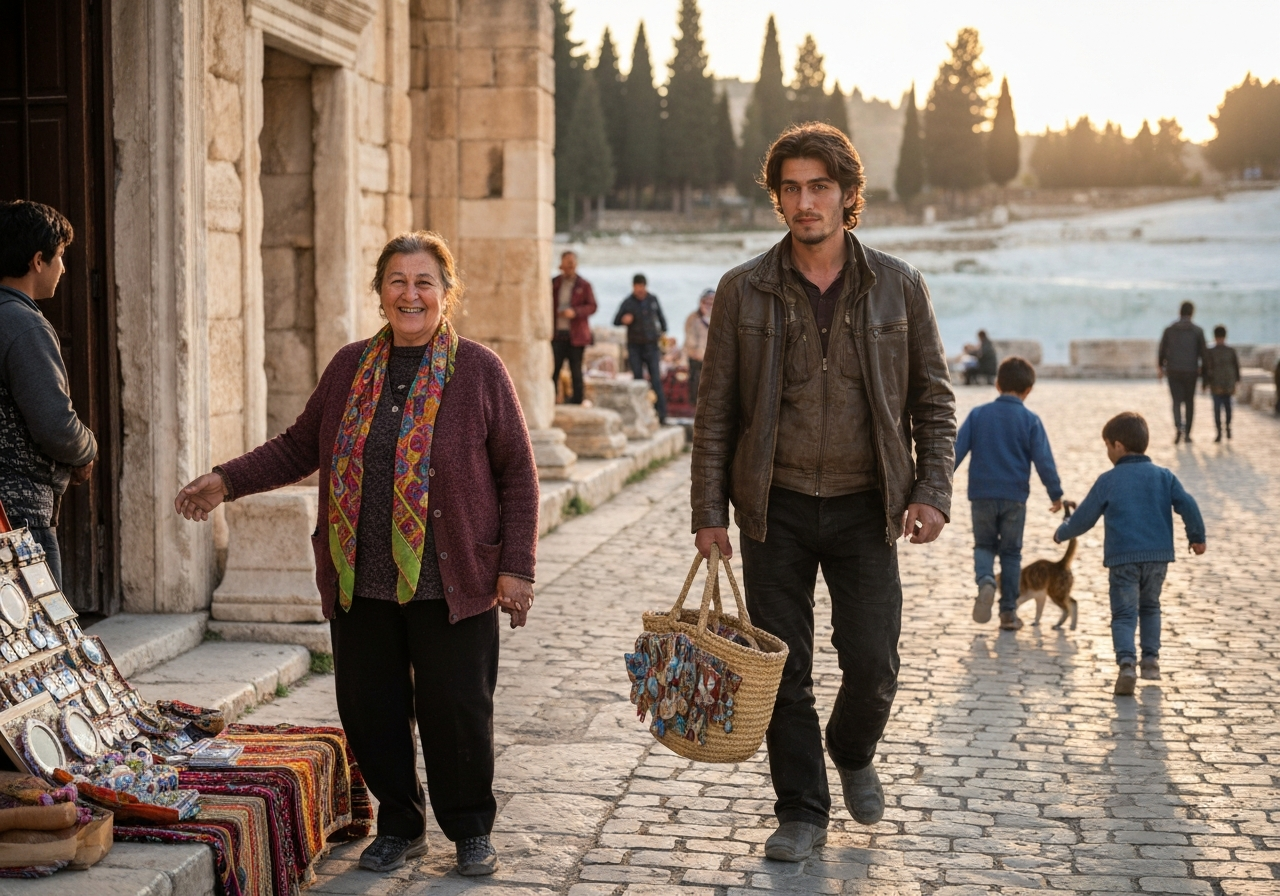 Casual street photography moment in Pamukkale, Turkey, capturing genuine local atmosphere