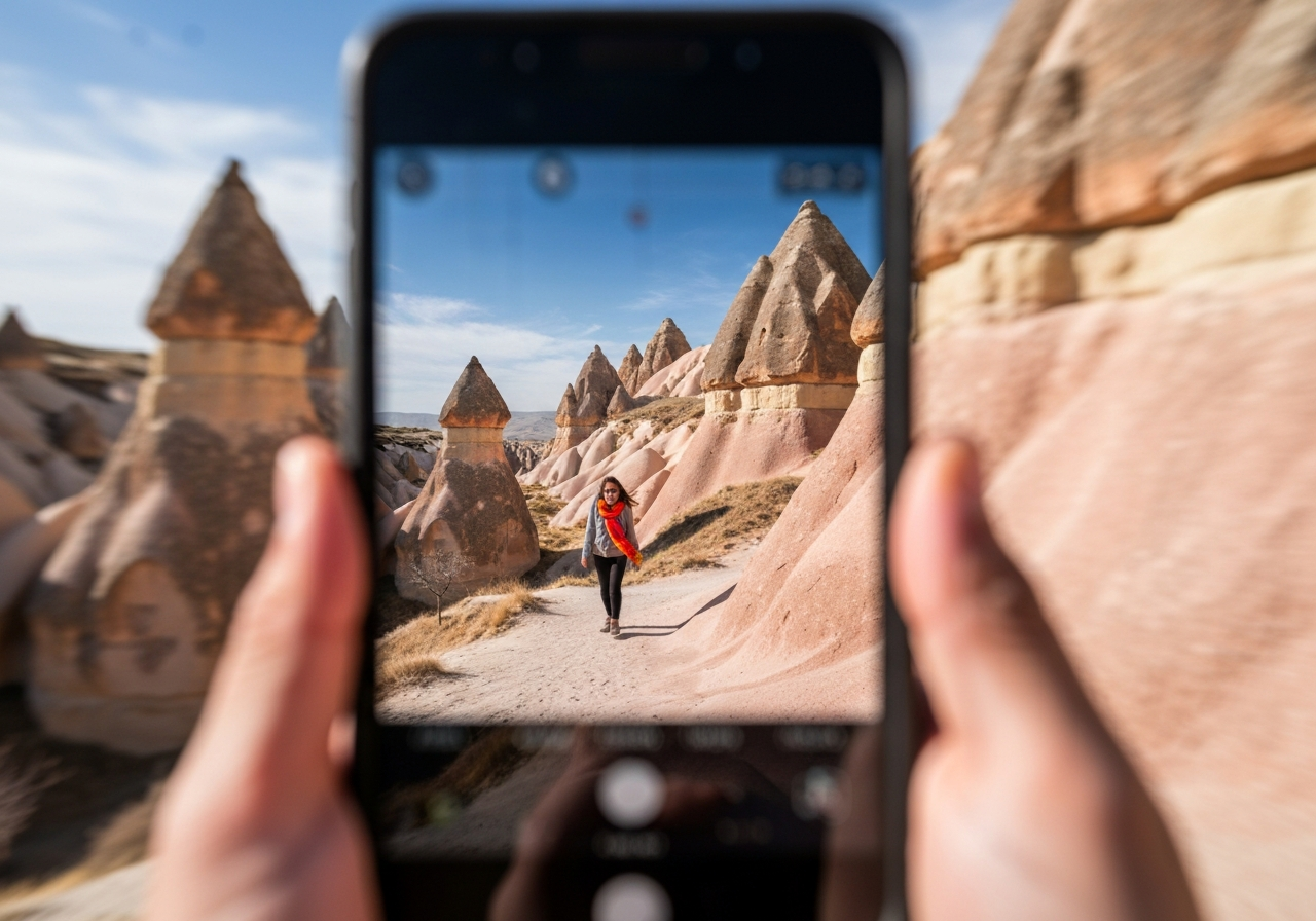 Natural travel moment in Cappadocia, Turkey, taken with smartphone, imperfect framing