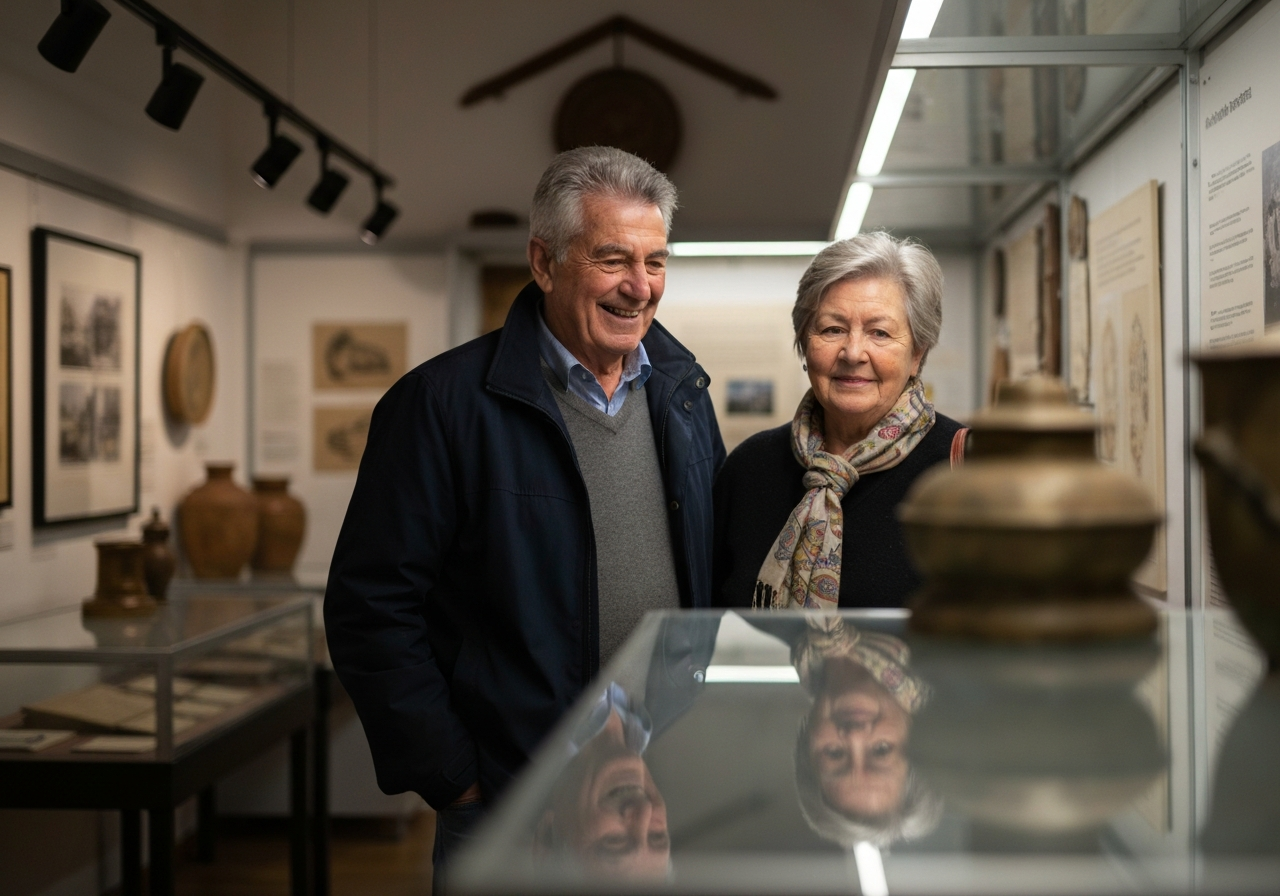 A candid shot of an elderly couple quietly observing an exhibit in a small, dimly lit local museum. The focus is slightly soft, capturing the texture of old artifacts and the hushed atmosphere of the space. The lighting is muted, suggesting an authentic, unposed moment