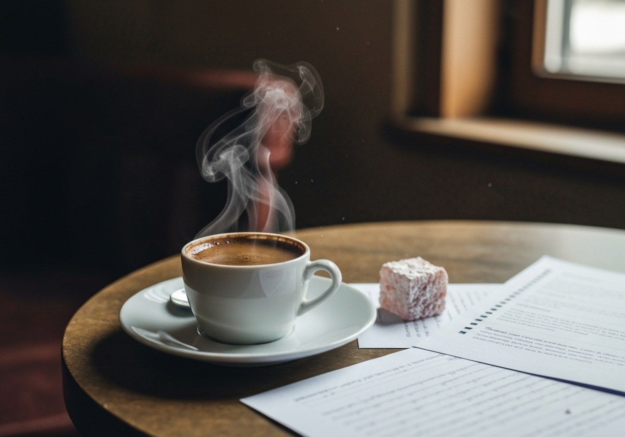 A close-up, slightly out-of-focus shot of a steaming cup of Turkish coffee on a small table in a cozy cafe, next to a half-eaten piece of Turkish delight and scattered research notes. Natural light streams in from a window, highlighting dust motes in the air. The vibe is studious and relaxed, like a moment captured during deep thought