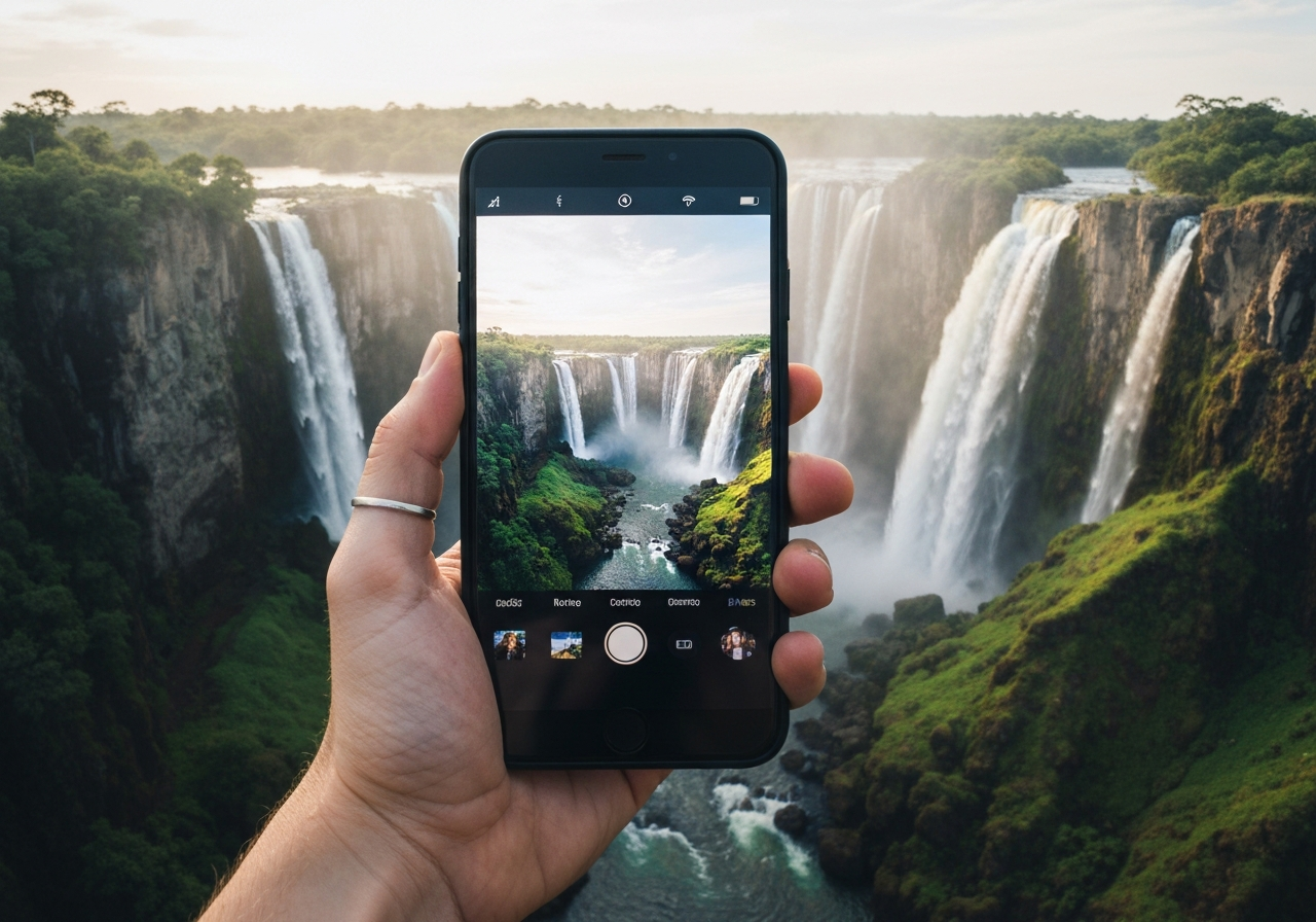 A weathered hand holding a smartphone, taking a photo of a detail on a travertine terrace at Pamukkale. The phone screen shows a slightly blurry image of the white, layered rock, with water dripping down. The background is a soft blur of white and blue, hinting at the larger landscape but focusing on the texture and process itself