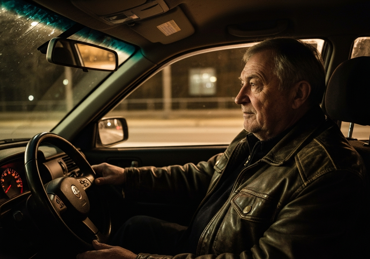 A slightly blurry, handheld smartphone photo taken from inside a hotel room at night. Rain streaks are visible on the windowpane, distorting the view of dimly lit streetlights and the suggestion of building shapes outside. A corner of a simple hotel lamp is in the foreground, adding to the authentic, imperfect feel. Shot on iPhone, low light