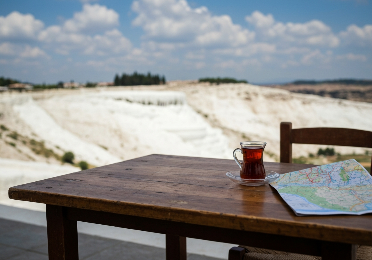 A slightly overexposed smartphone photo of a small, worn wooden cafe table with a half-finished cup of tea and a crumpled travel map. In the blurred background, the distinctive white terraces of Pamukkale are visible under a partly sunny sky, with a few fluffy clouds drifting by. The overall feel is candid and reflective, like a quick snapshot taken while pausing