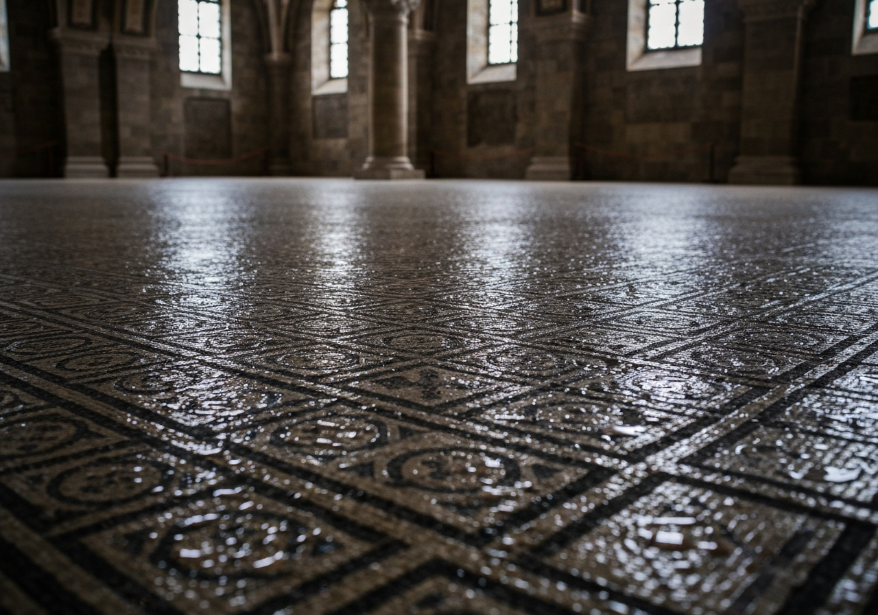 An interior shot of a grand, empty hall within the Palace of the Grand Master in Rhodes, taken with a smartphone. The focus is on the intricate mosaic floor, with water droplets visible on the ancient stones and a hint of the diffused natural light coming from high windows. The scene should feel quiet and slightly melancholic, capturing the feeling of being the first visitor of the day